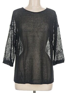 J Jill linen blend top semi-sheer black open knit spring summer 3/4 slv MEDIUM